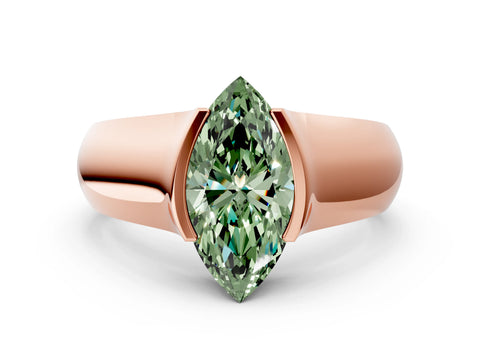 Rose gold Fancy Green Marquise Cut Solitaire Bezel Set Diamond Ring with Wide Band