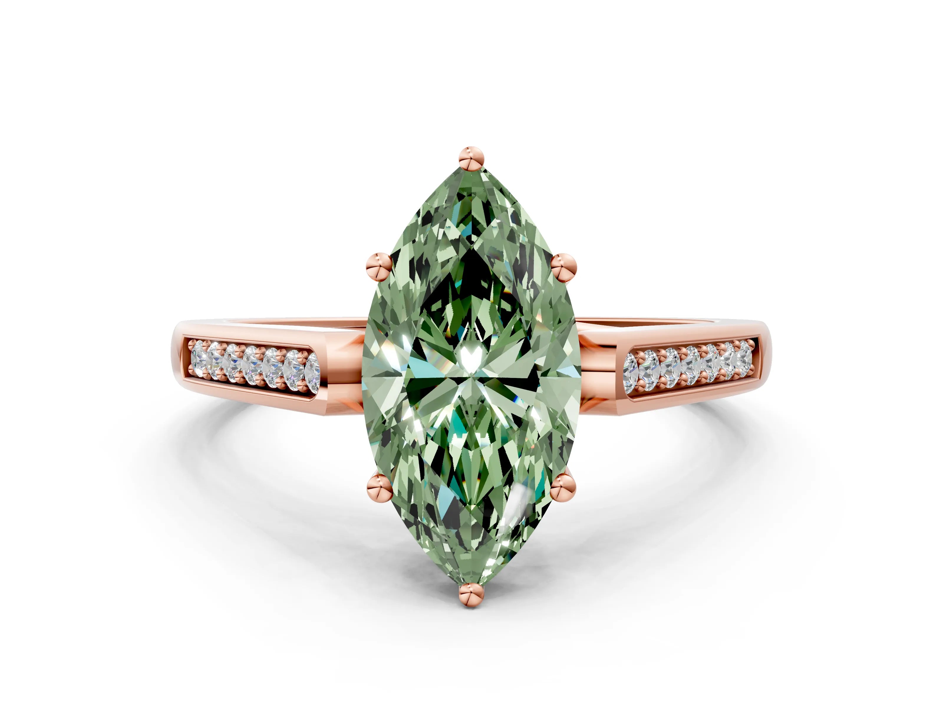 Rose gold Fancy Green Marquise Cut Solitaire Cathedral Diamond Engagement Ring with Channel-Set Band and Four-Prong Setting_3