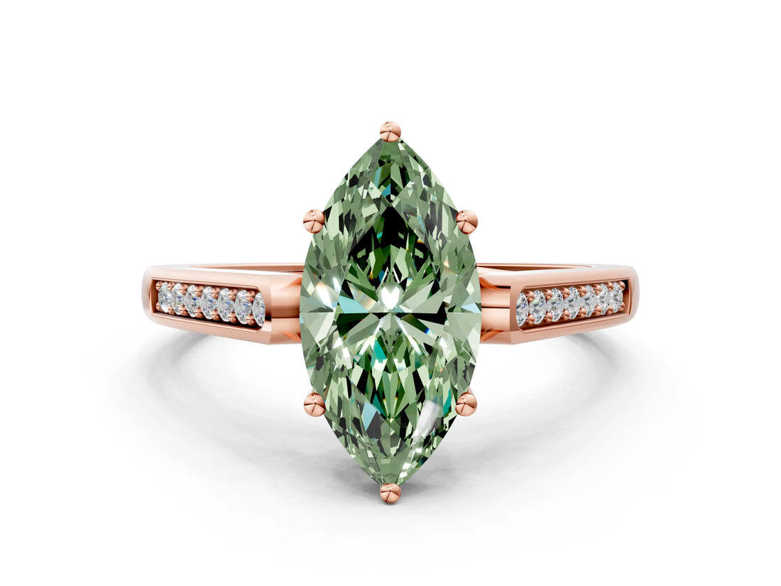 Rose gold Fancy Green Marquise Cut Solitaire Cathedral Diamond Engagement Ring with Channel-Set Band and Four-Prong Setting_3
