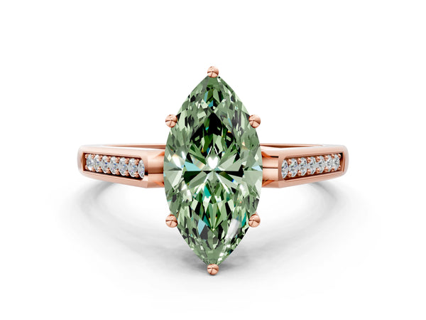 Rose gold Fancy Green Marquise Cut Solitaire Cathedral Diamond Engagement Ring with Channel-Set Band and Four-Prong Setting
