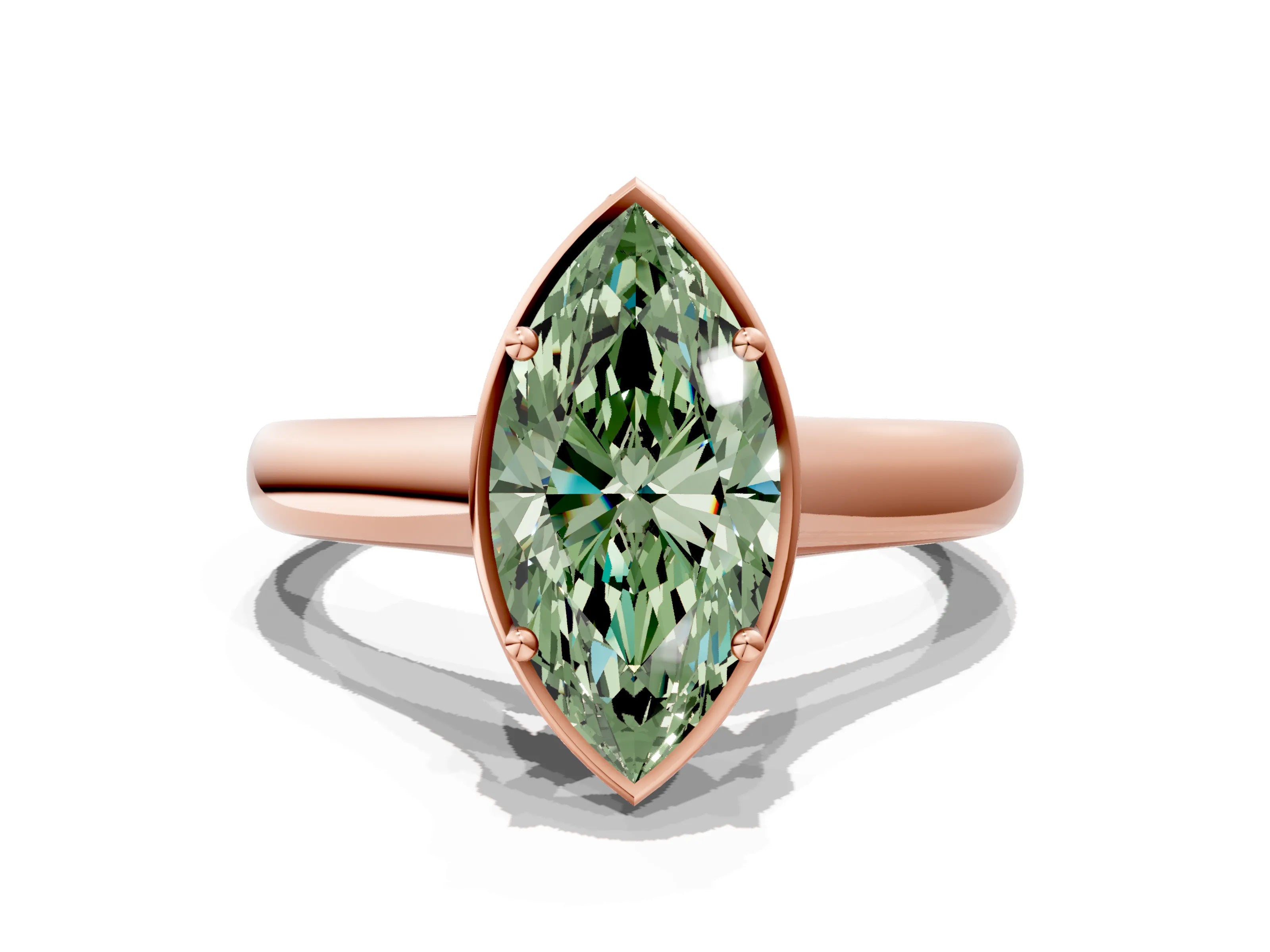 Rose gold Fancy Green Marquise Cut Solitaire Diamond Engagement Ring with Four-Prong Setting and Tapered Band