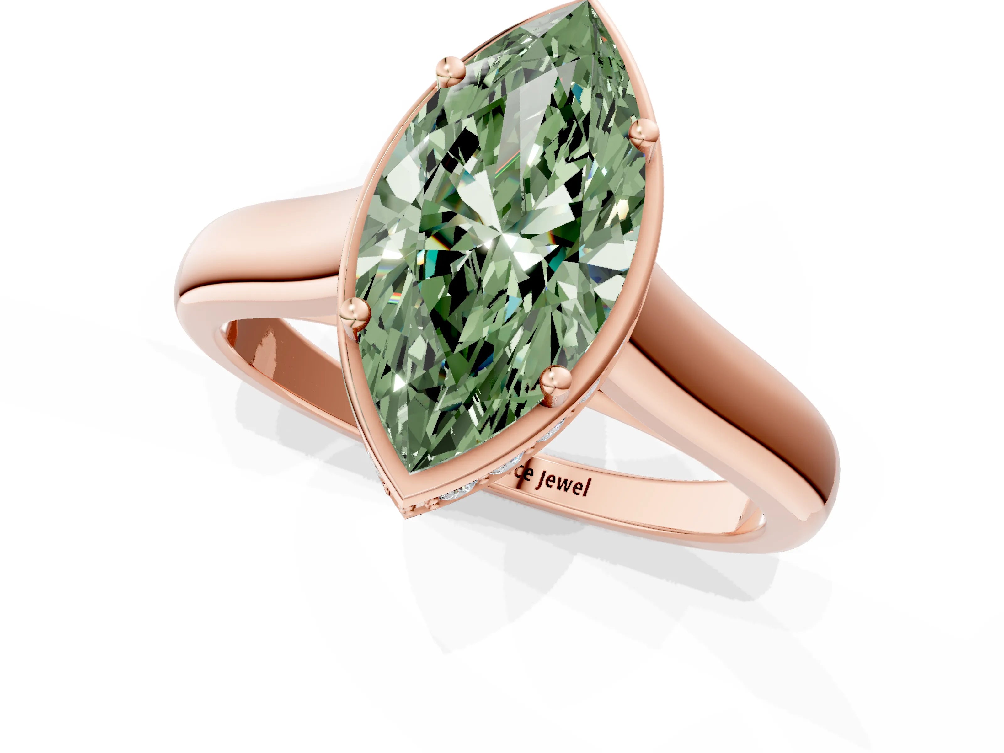 Rose gold Fancy Green Marquise Cut Solitaire Diamond Engagement Ring with Four-Prong Setting and Tapered Band_1