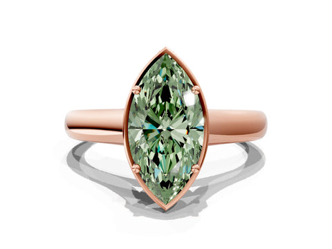 Rose gold Fancy Green Marquise Cut Solitaire Diamond Engagement Ring with Four-Prong Setting and Tapered Band