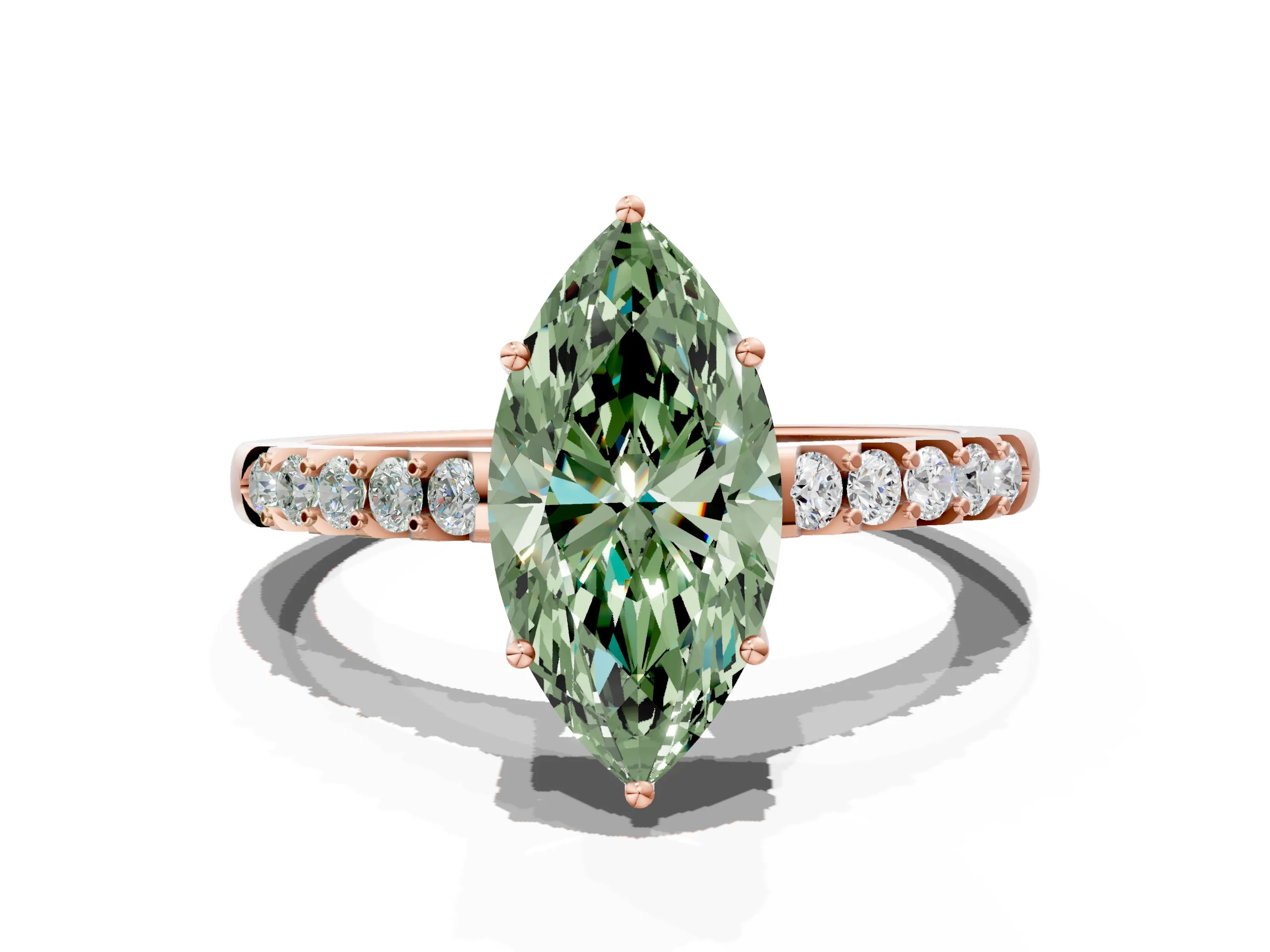 Rose gold Fancy Green Marquise Cut Solitaire Diamond Engagement Ring with Pavé Band and Six-Prong Setting_12