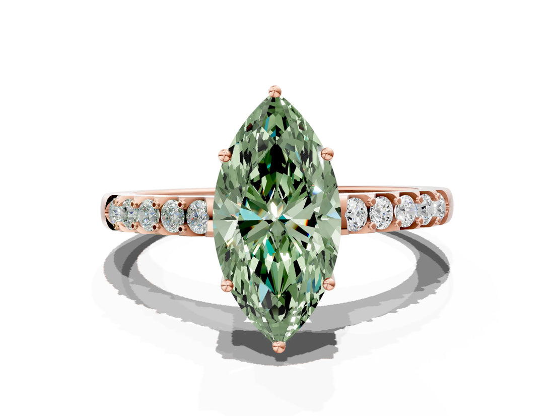 Rose gold Fancy Green Marquise Cut Solitaire Diamond Engagement Ring with Pavé Band and Six-Prong Setting_12
