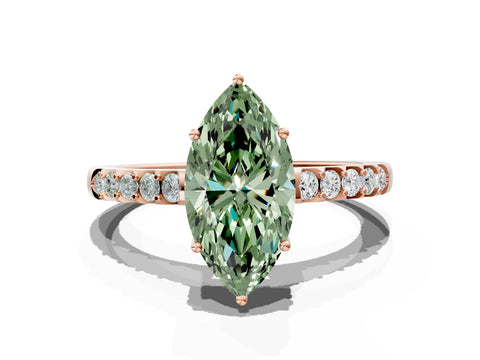 Rose gold Fancy Green Marquise Cut Solitaire Diamond Engagement Ring with Pavé Band and Six-Prong Setting_12