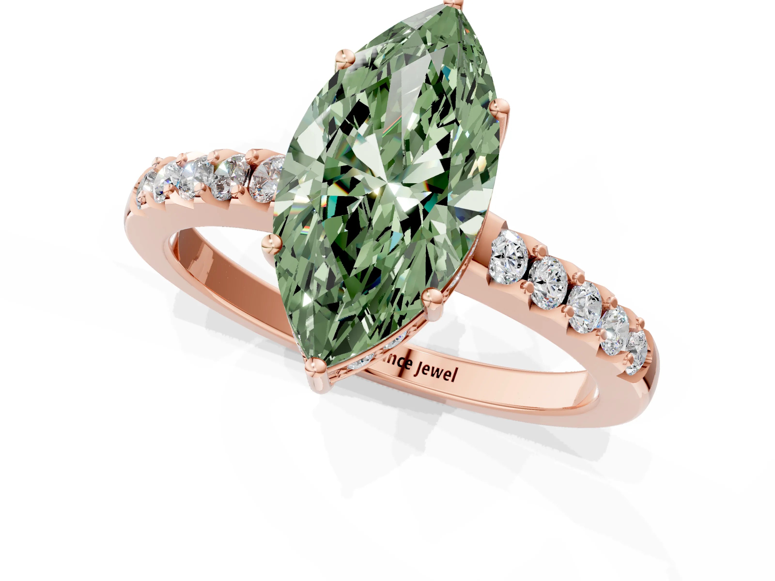 Rose gold Fancy Green Marquise Cut Solitaire Diamond Engagement Ring with Pavé Band and Six-Prong Setting_13