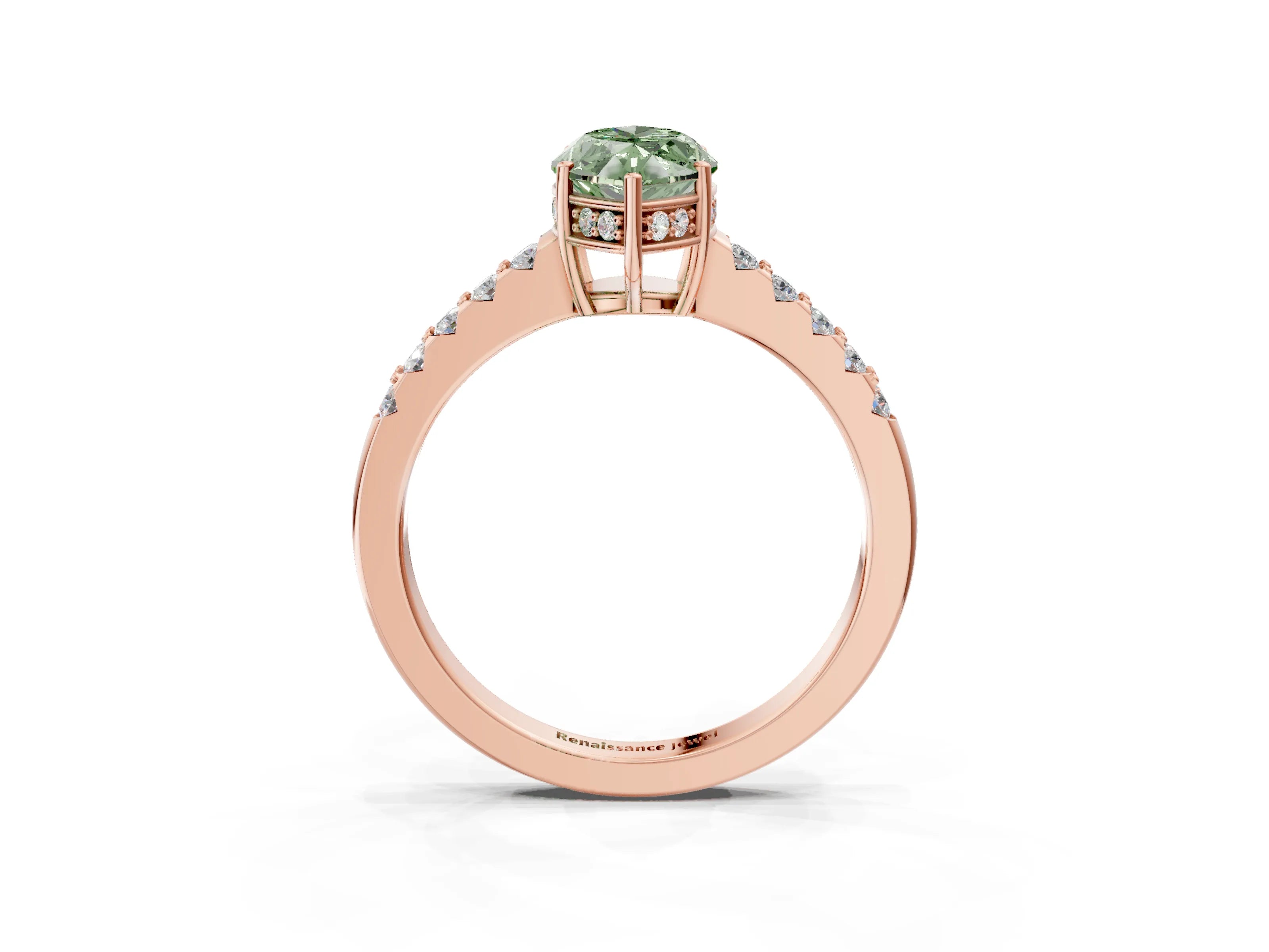 Rose gold Fancy Green Marquise Cut Solitaire Diamond Engagement Ring with Pavé Band and Six-Prong Setting_15
