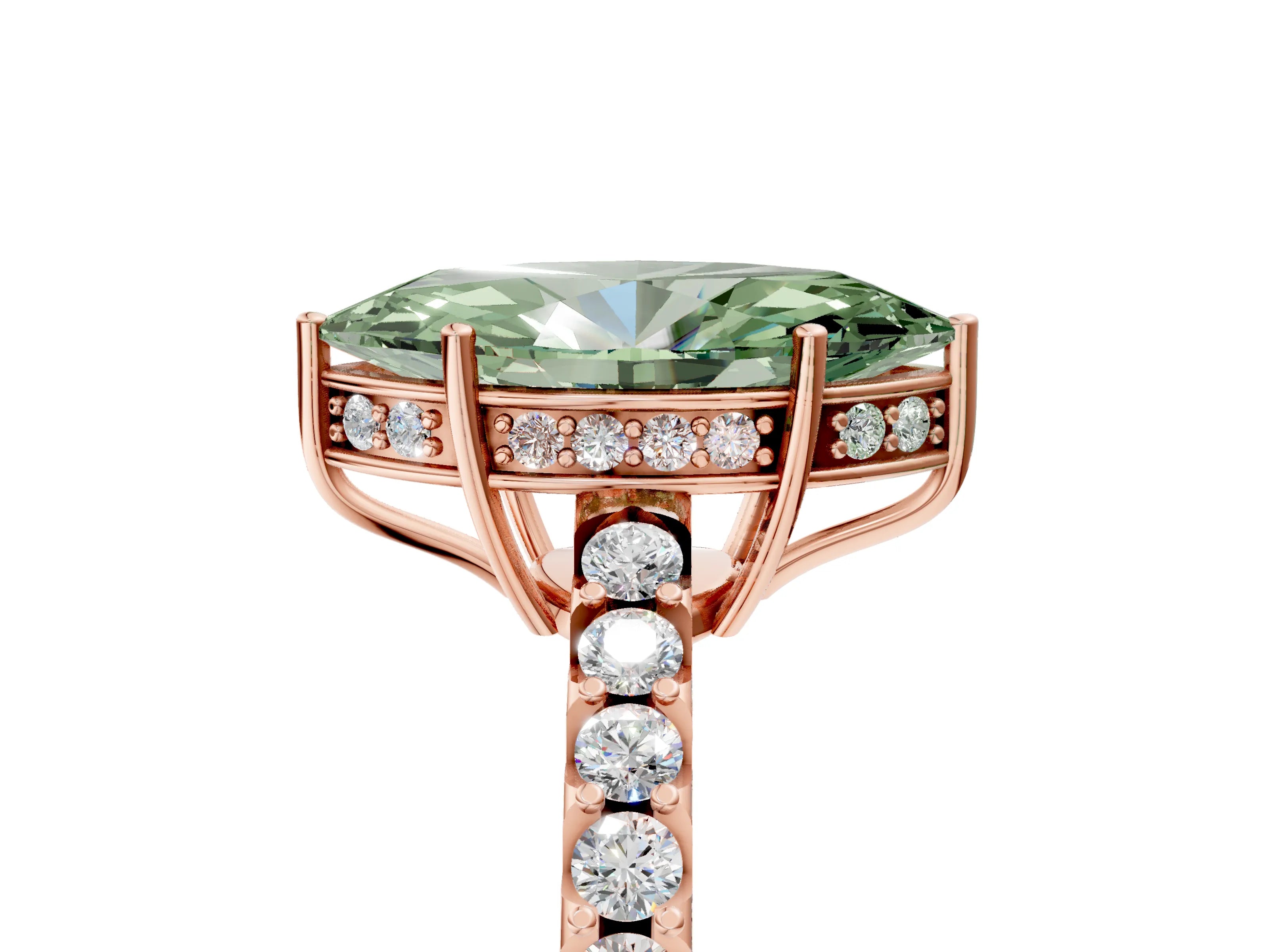 Rose gold Fancy Green Marquise Cut Solitaire Diamond Engagement Ring with Pavé Band and Six-Prong Setting_17