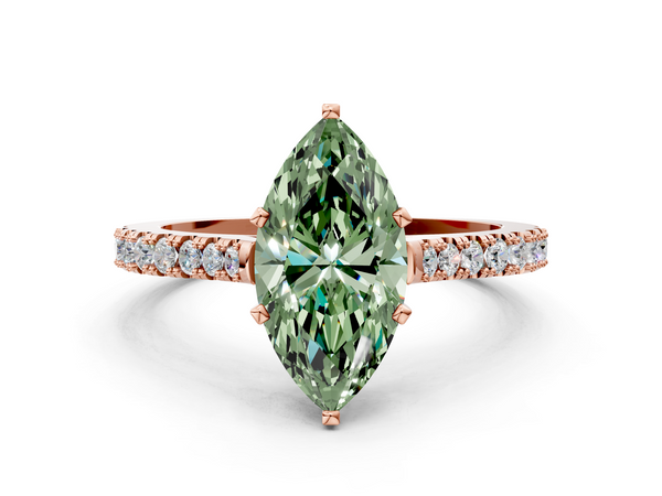 Rose gold Fancy Green Marquise  Cut Solitaire Diamond Engagement Ring with Pave Band and Four-Prong Setting