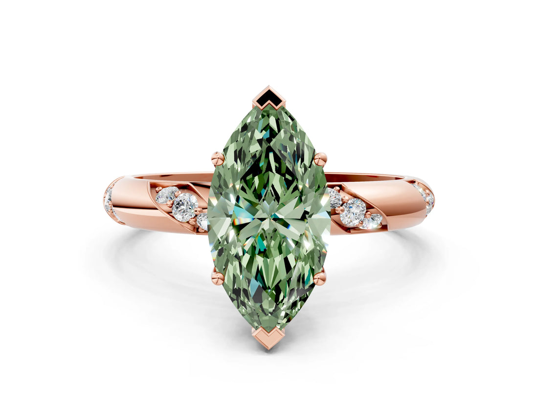 Rose gold Fancy Green Marquise Cut Solitaire Diamond Engagement Ring with Twisted Pave Band and Four-Prong Setting_3