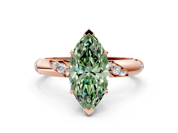 Rose gold Fancy Green Marquise Cut Solitaire Diamond Engagement Ring with Twisted Pave Band and Four-Prong Setting