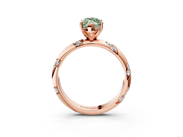 Rose gold Fancy Green Marquise Cut Solitaire Diamond Engagement Ring with Twisted Pave Band and Four-Prong Setting