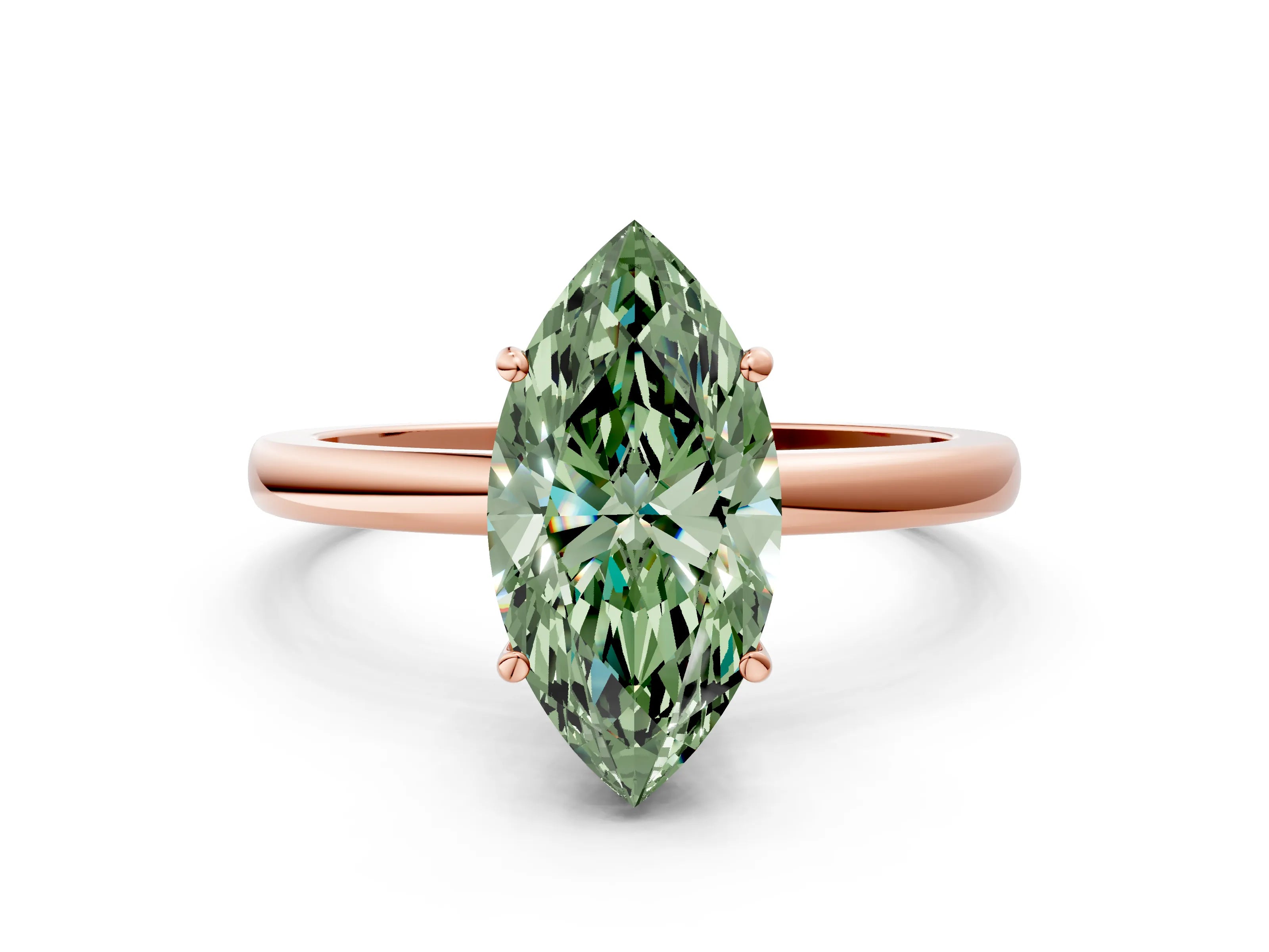 Rose gold Fancy Green Marquise Cut Solitaire Diamond Ring with Prong Setting and Plain Band
