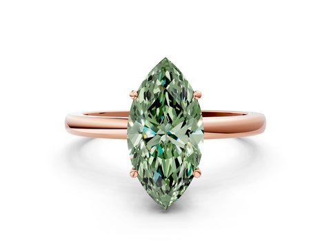 Rose gold Fancy Green Marquise Cut Solitaire Diamond Ring with Prong Setting and Plain Band