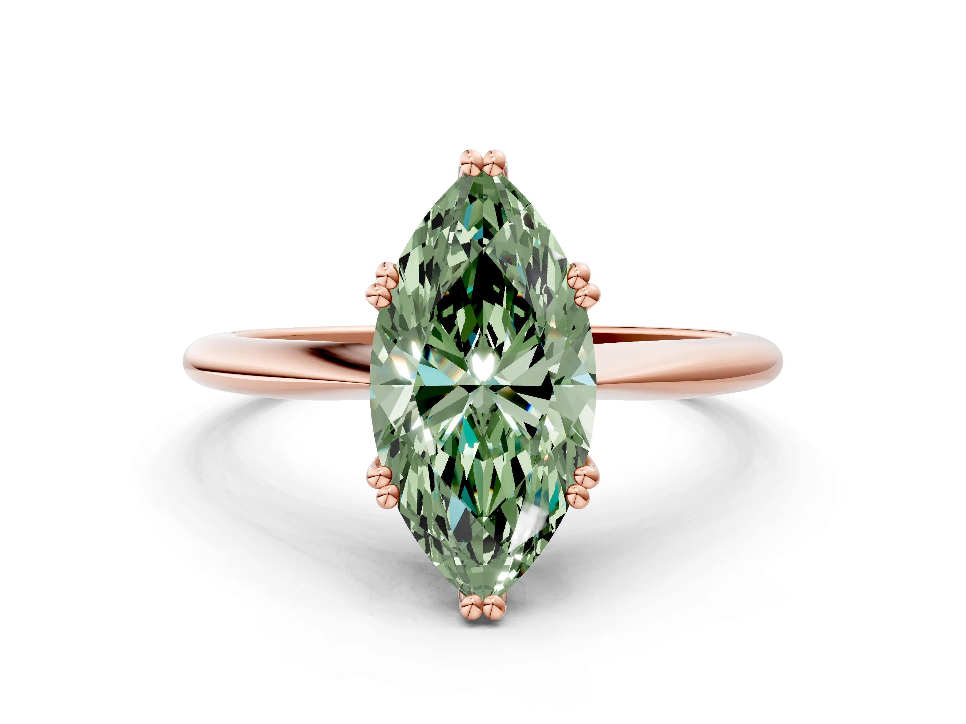 Rose gold Fancy Green Marquise Cut Solitaire Diamond Ring with Six-Prong Setting and Classic Band