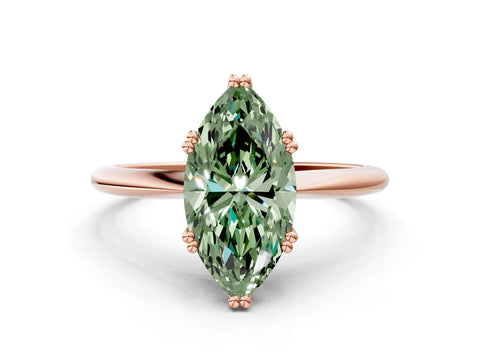 Rose gold Fancy Green Marquise Cut Solitaire Diamond Ring with Six-Prong Setting and Classic Band