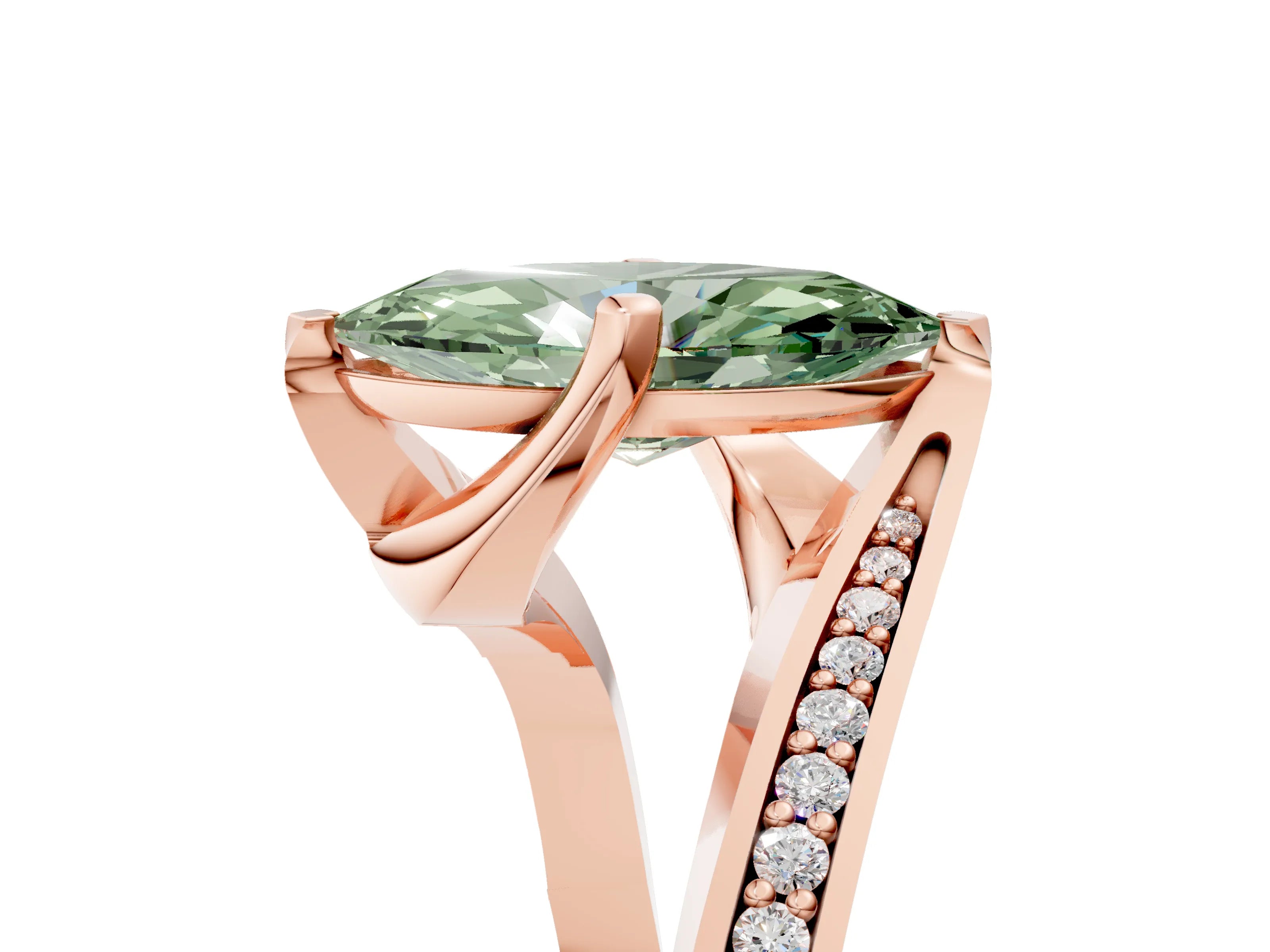 Rose gold Fancy Green Marquise Cut Solitaire Diamond Twist Band with Pavé Setting and Four-Prong Setting_5