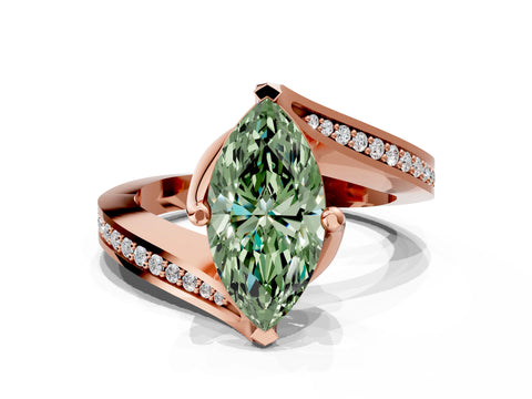 Rose gold Fancy Green Marquise Cut Solitaire Diamond Twist Band with Pavé Setting and Four-Prong Setting