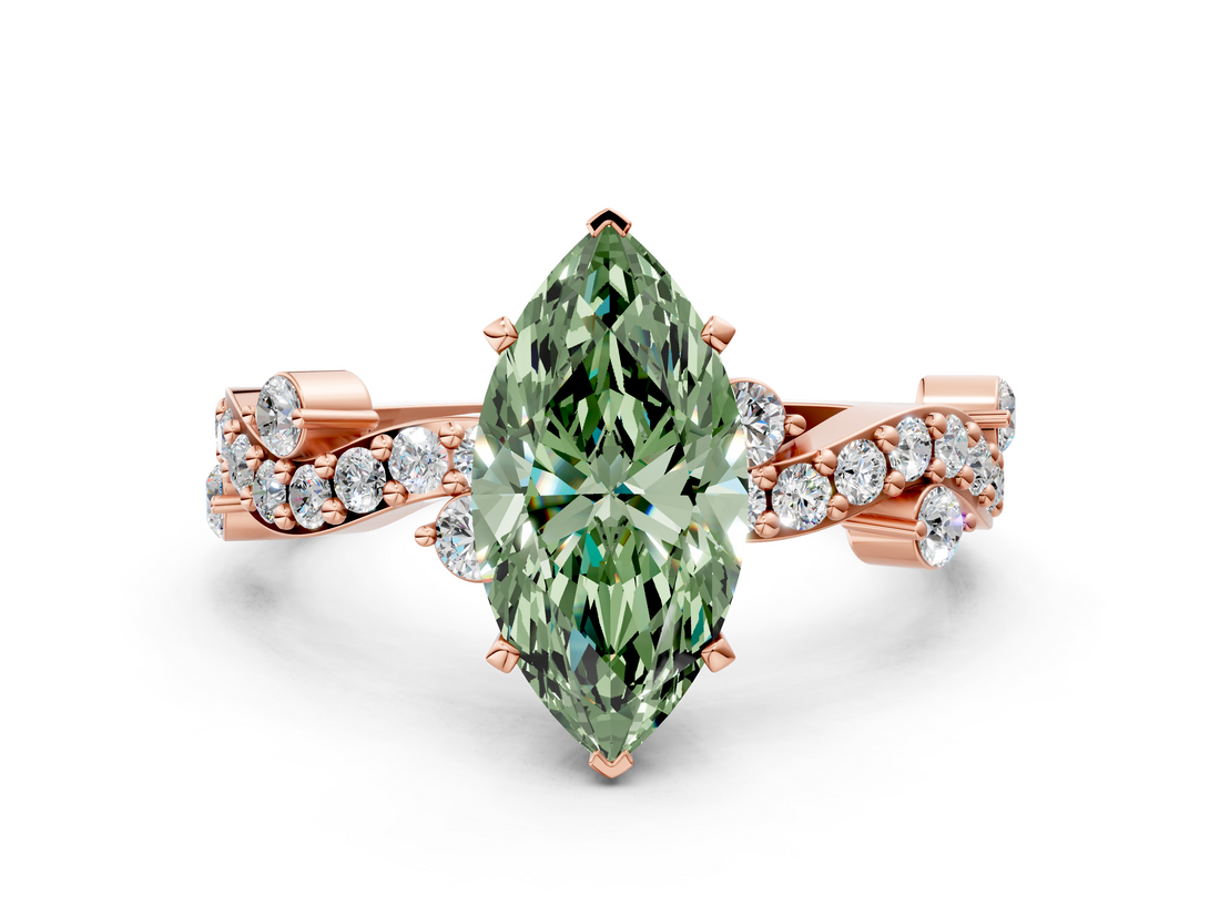Rose gold Fancy Green Marquise  Cut Solitaire Diamond Twisted Band with Pave Setting_59