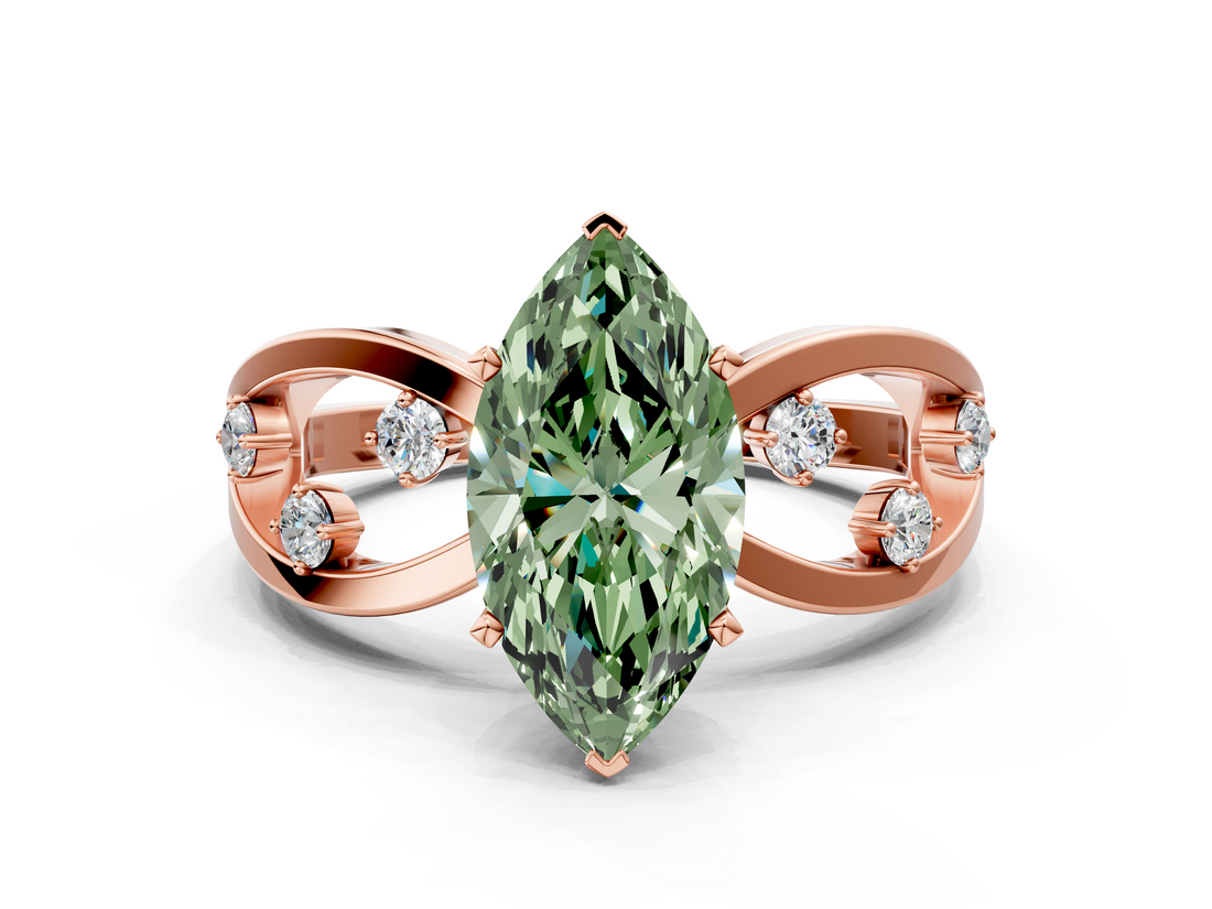 Rose gold Fancy Green Marquise  Cut Solitaire Diamond with Side Stones on Criss-Cross Band and Four-Prong Setting_3