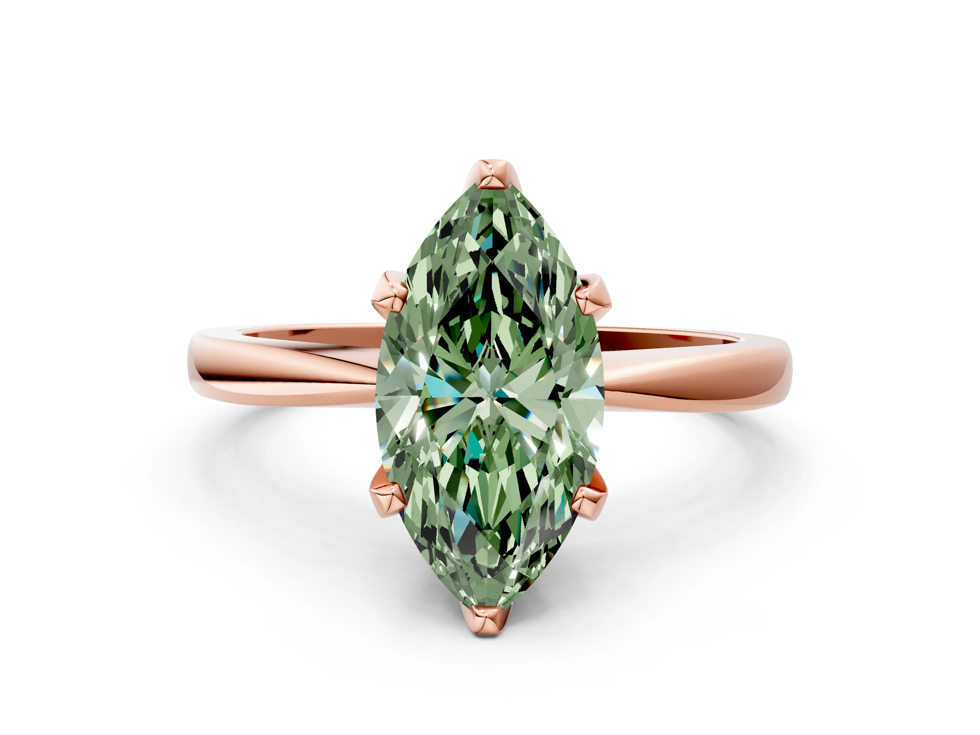 Rose gold Fancy Green Marquise Cut Solitaire Engagement Ring with Six-Prong Setting and Tapered Band