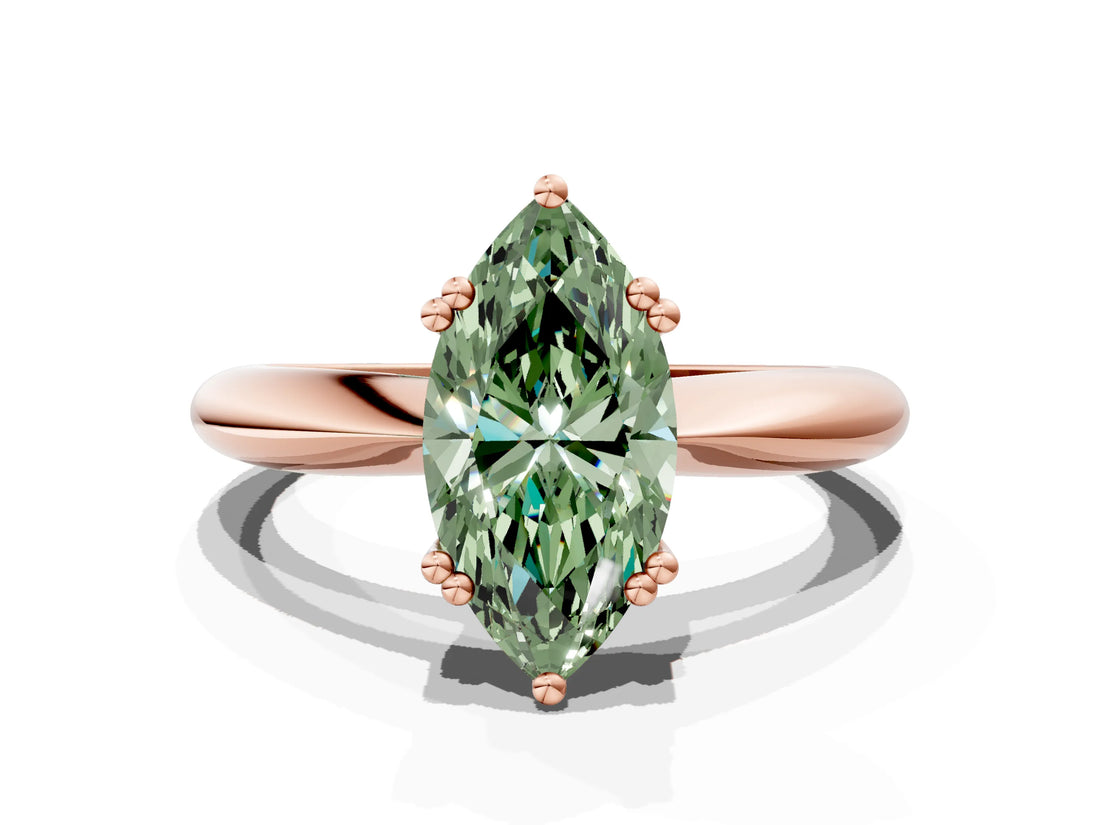 Rose gold Fancy Green Marquise  Cut Solitaire Engagement Ring with Tapered Band and Four-Prong Setting