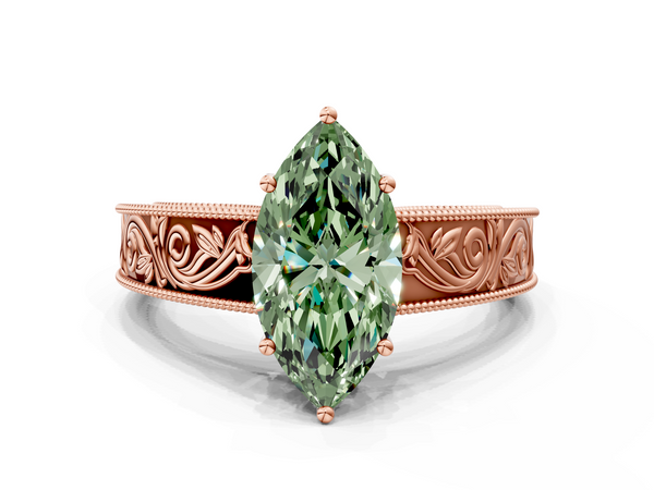 Rose gold Fancy Green Marquise Cut Diamond Solitaire Ring with Engraved Band and Four-Prong Setting