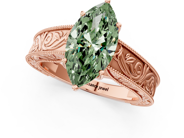 Rose gold Fancy Green Marquise Cut Diamond Solitaire Ring with Engraved Band and Four-Prong Setting