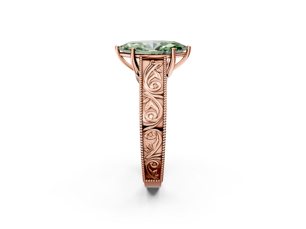 Rose gold Fancy Green Marquise Cut Diamond Solitaire Ring with Engraved Band and Four-Prong Setting