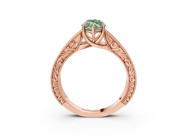 Rose gold Fancy Green Marquise Cut Diamond Solitaire Ring with Engraved Band and Four-Prong Setting