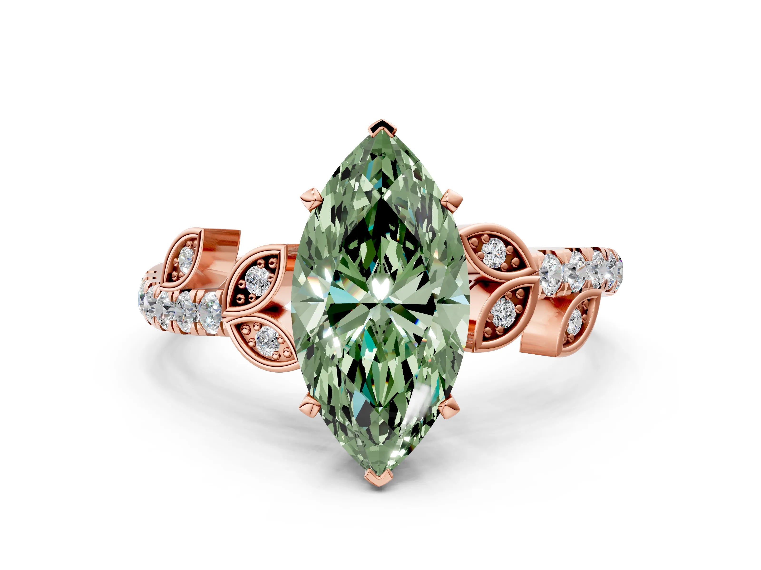 Rose gold Fancy Green Marquise Cut Solitaire Leaf-Inspired Diamond Ring with Pavé Band and Four-Prong Setting
