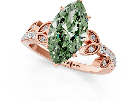 Rose gold Fancy Green Marquise Cut Solitaire Leaf-Inspired Diamond Ring with Pavé Band and Four-Prong Setting_1