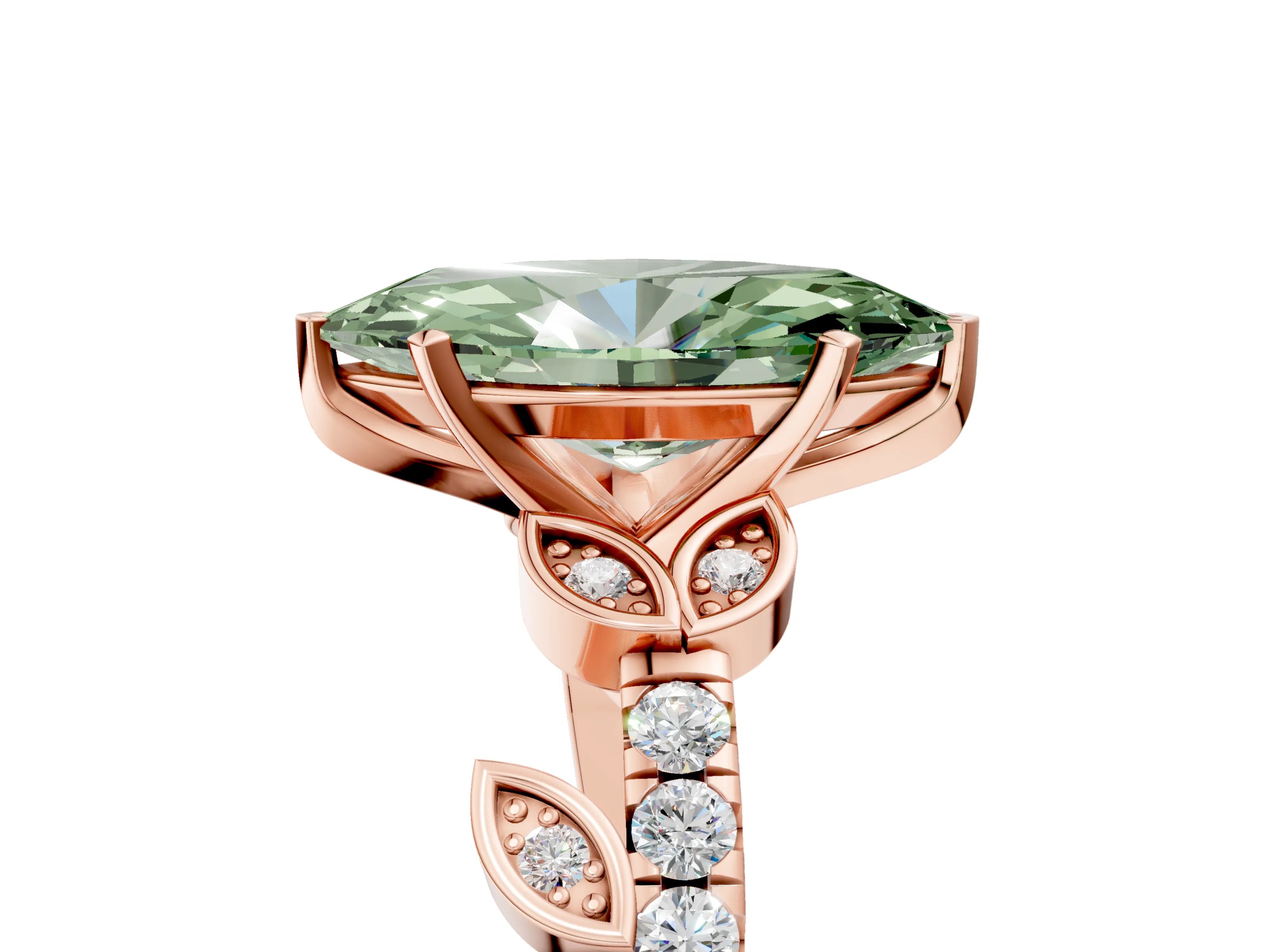 Rose gold Fancy Green Marquise Cut Solitaire Leaf-Inspired Diamond Ring with Pavé Band and Four-Prong Setting_5