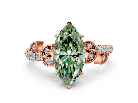 Rose gold Fancy Green Marquise Cut Solitaire Leaf-Inspired Diamond Ring with Pavé Band and Four-Prong Setting