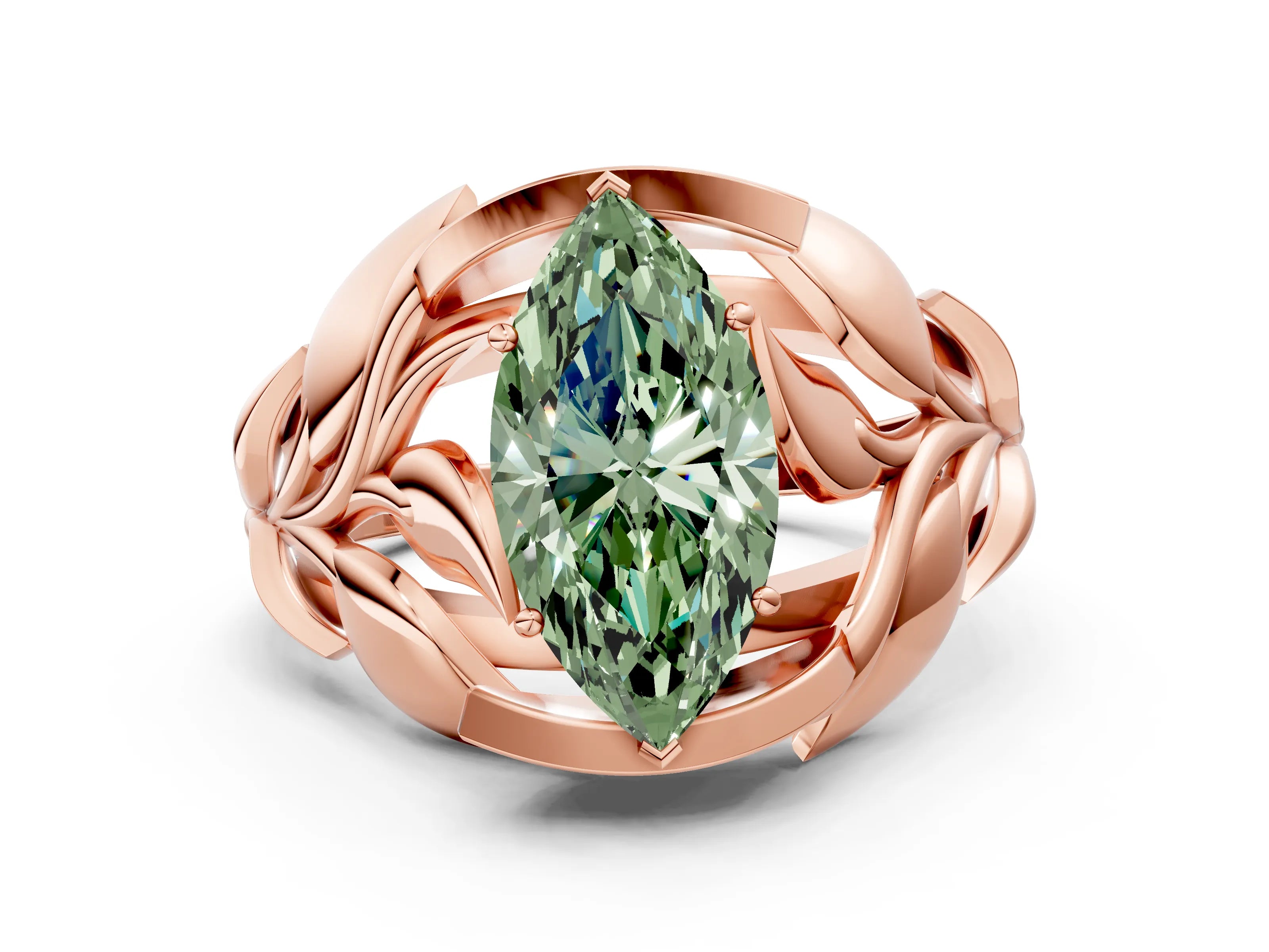 Rose gold Fancy Green Marquise Cut Solitaire Leaf-Inspired Engagement Ring with Prong Setting