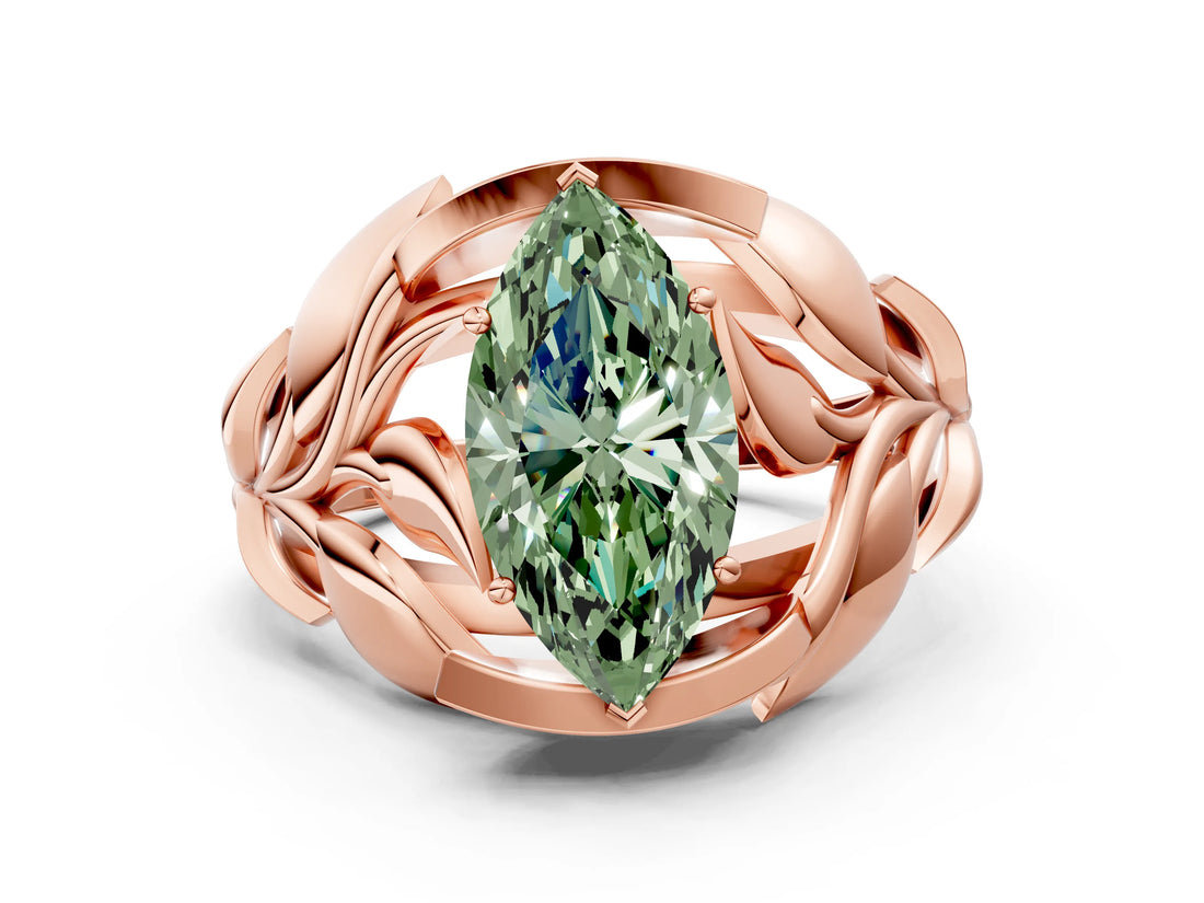 Rose gold Fancy Green Marquise Cut Solitaire Leaf-Inspired Engagement Ring with Prong Setting_12