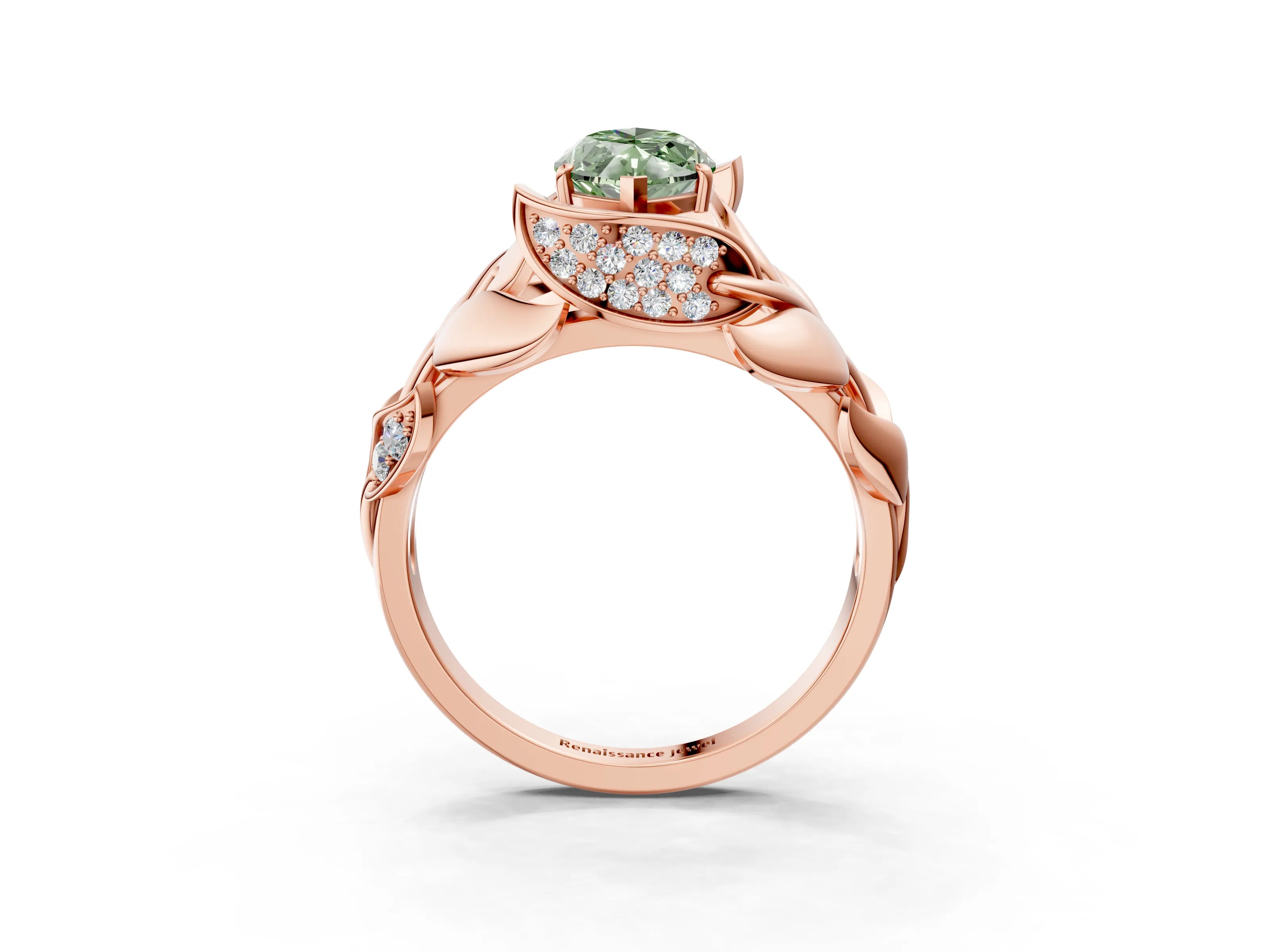 Rose gold Fancy Green Marquise Cut Solitaire Leaf-Inspired Engagement Ring with Prong Setting_3