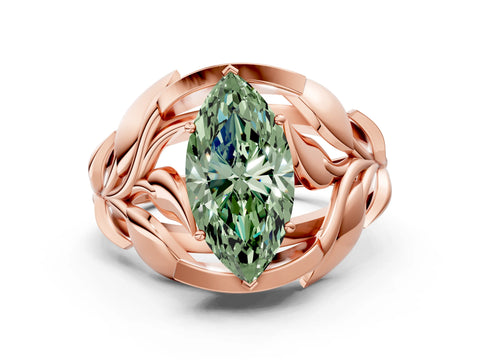 Rose gold Fancy Green Marquise Cut Solitaire Leaf-Inspired Engagement Ring with Prong Setting