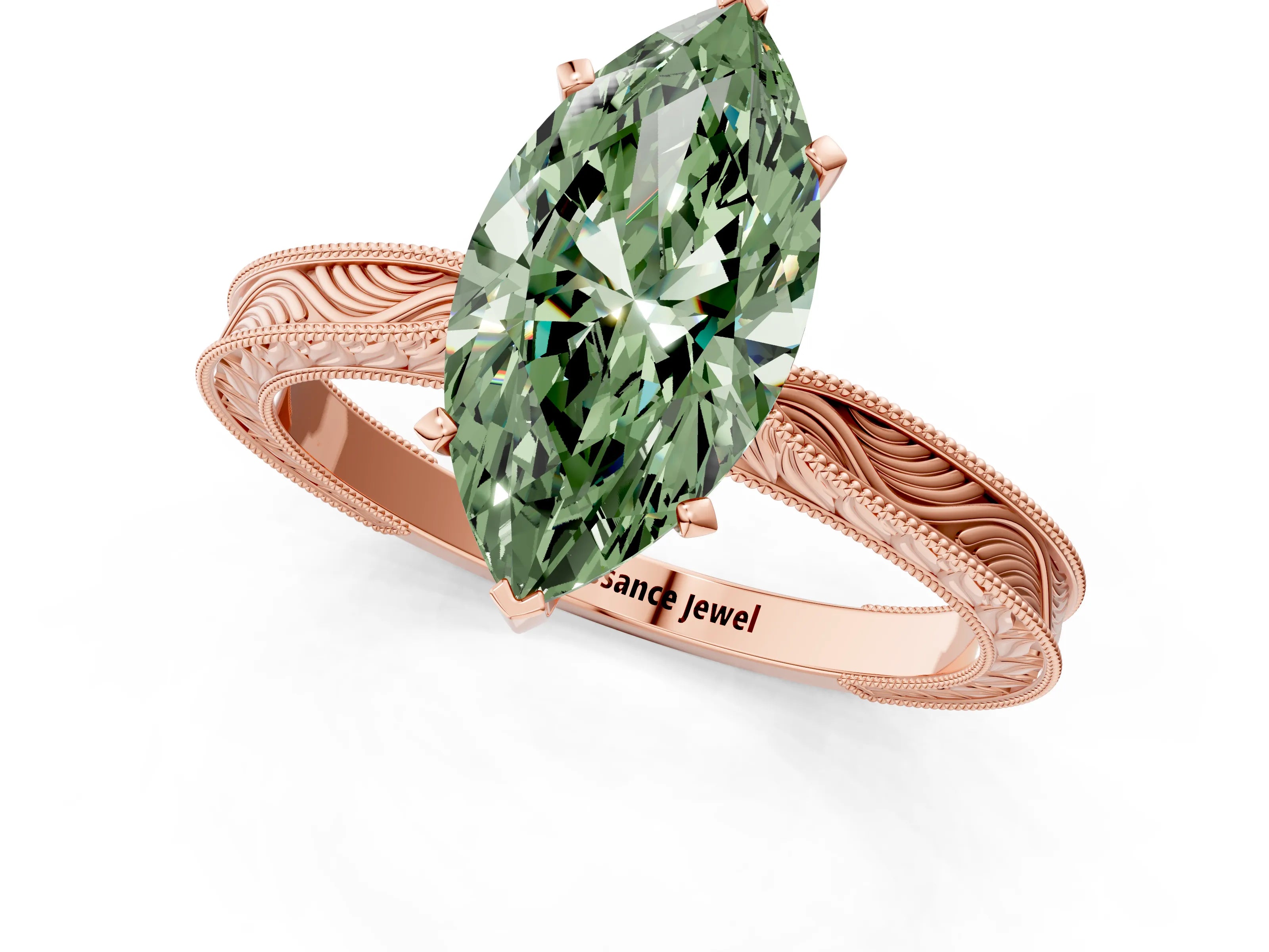 Rose gold Fancy Green Marquise Cut Solitaire Milgrain Engraved Band with Four-Prong Setting_1