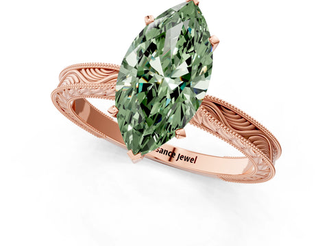 Rose gold Fancy Green Marquise Cut Solitaire Milgrain Engraved Band with Four-Prong Setting_1