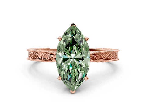 Rose gold Fancy Green Marquise Cut Solitaire Milgrain Engraved Band with Four-Prong Setting