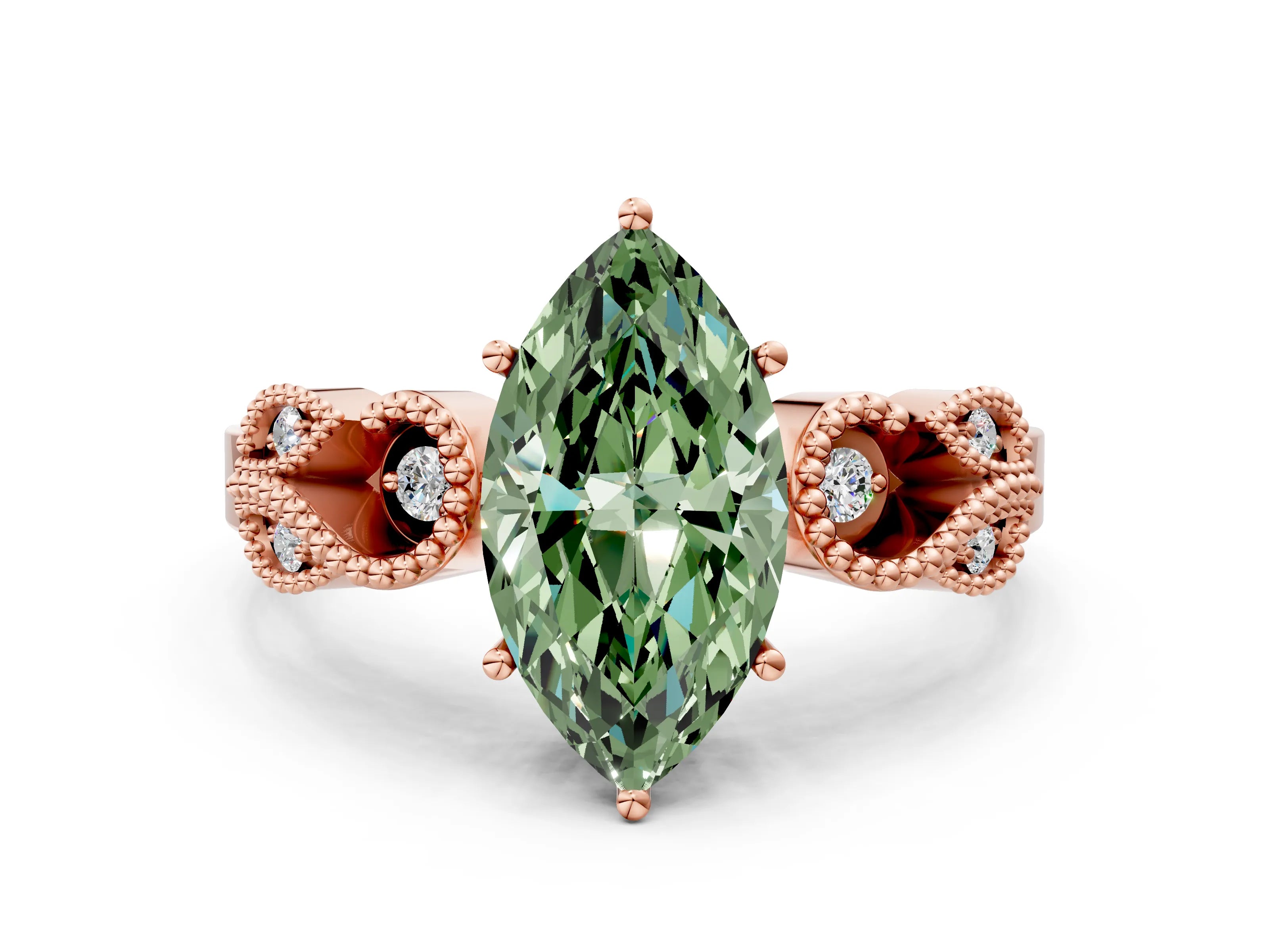 Rose gold Fancy Green Marquise Cut Solitaire Milgrain Leaf Band with Prong Setting