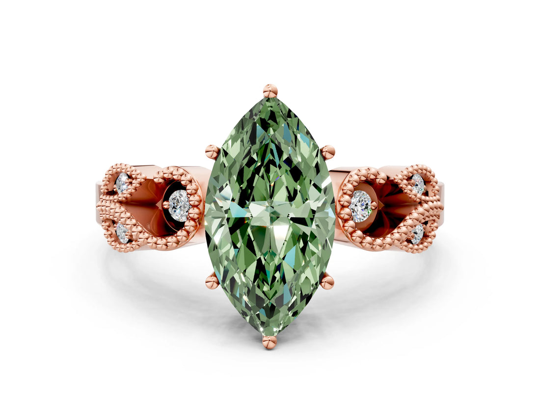 Rose gold Fancy Green Marquise Cut Solitaire Milgrain Leaf Band with Prong Setting