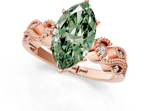Rose gold Fancy Green Marquise Cut Solitaire Milgrain Leaf Band with Prong Setting_1