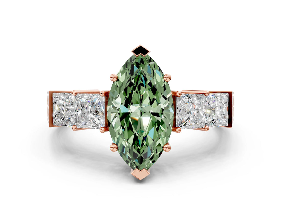 Rose gold Fancy Green Marquise Cut Solitaire Princess Side Stone Engraved Band Prong Setting Ring