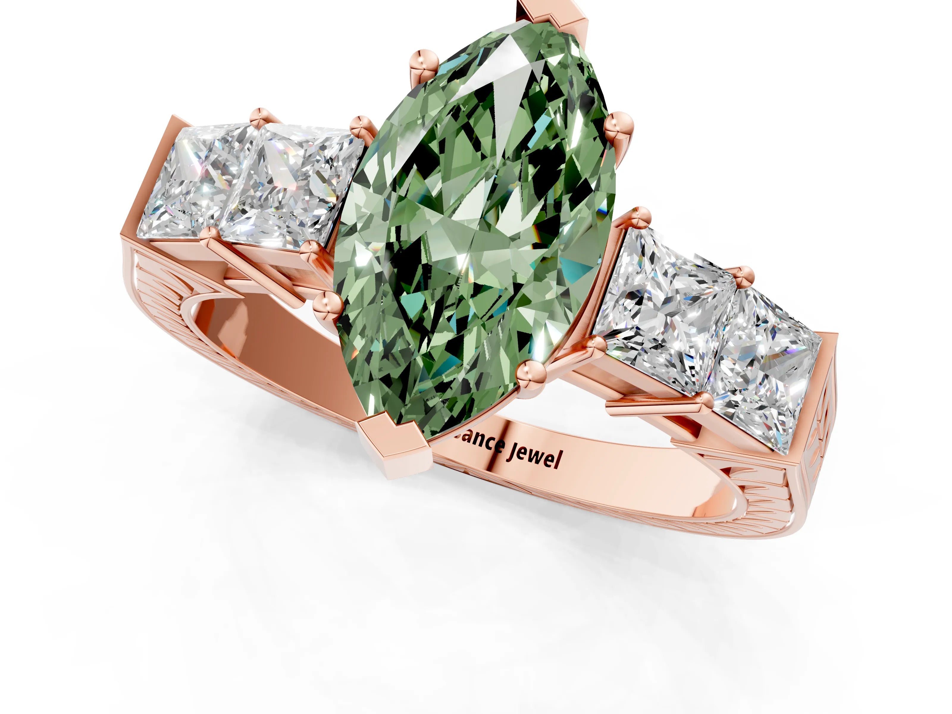 Rose gold Fancy Green Marquise Cut Solitaire Princess Side Stone Engraved Band Prong Setting Ring_1