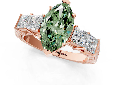 Rose gold Fancy Green Marquise Cut Solitaire Princess Side Stone Engraved Band Prong Setting Ring_1