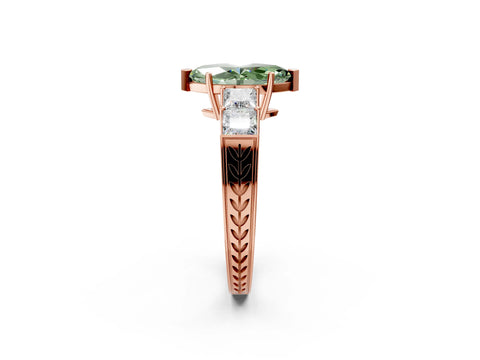 Rose gold Fancy Green Marquise Cut Solitaire Princess Side Stone Engraved Band Prong Setting Ring_2