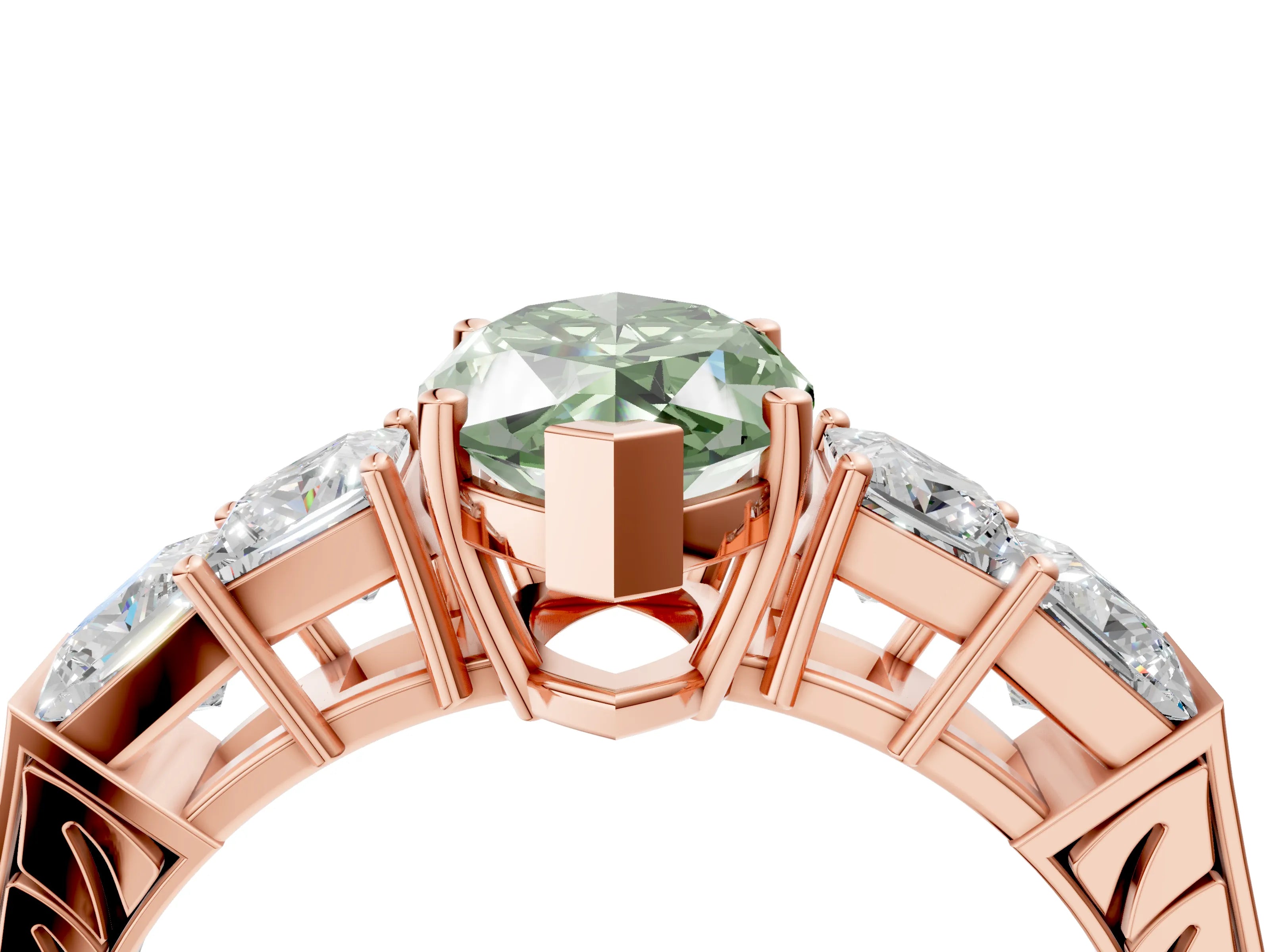 Rose gold Fancy Green Marquise Cut Solitaire Princess Side Stone Engraved Band Prong Setting Ring_4